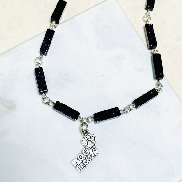 Dark Blue Goldstone Short Necklace w/ Silver Dog Person Paw Print Charm - Picture 5 of 14